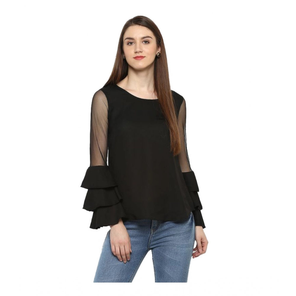 Vaystra Polyester Solid Tier Sleeve Top – Black