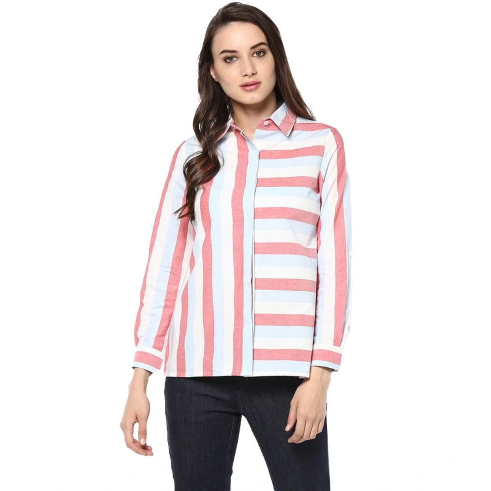 Vaystra Cotton Striped Roll Up Sleeve Regular Top – Red