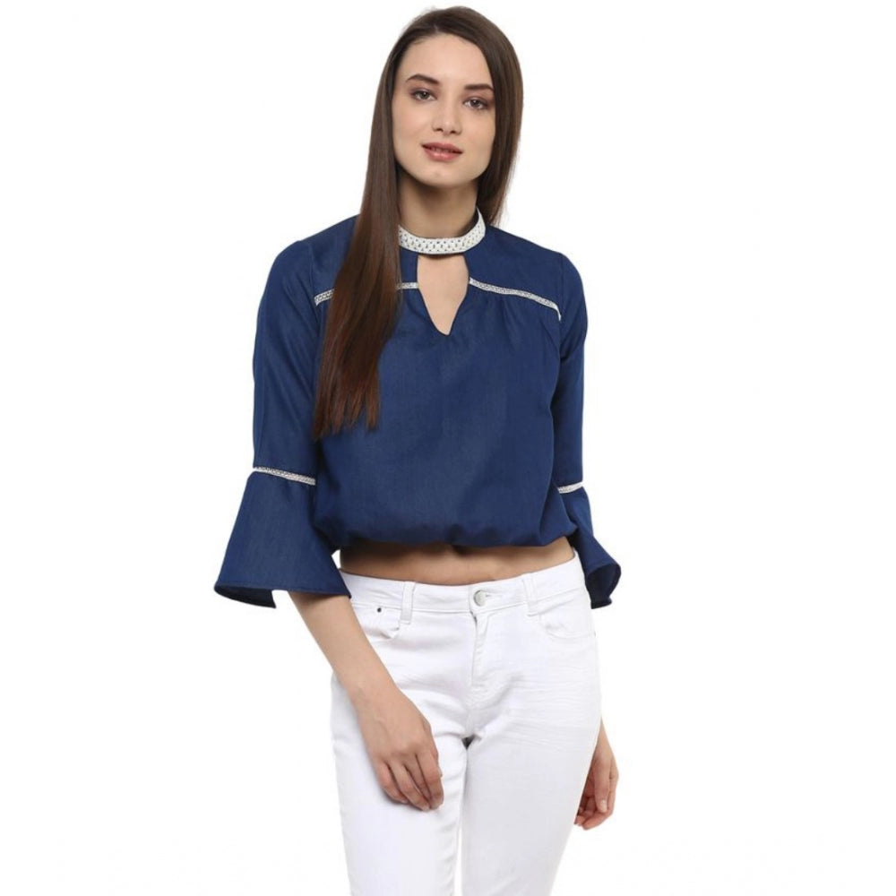 Vaystra Polyester Solid Bell Sleeve Regular Top – Blue