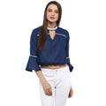 Vaystra Polyester Solid Bell Sleeve Regular Top – Blue