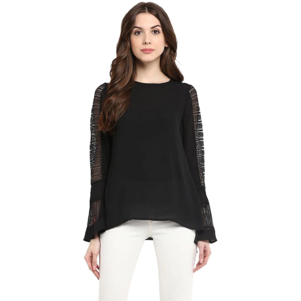Vaystra Polyester Georgette Self Design Bell Sleeve Regular Top – Black