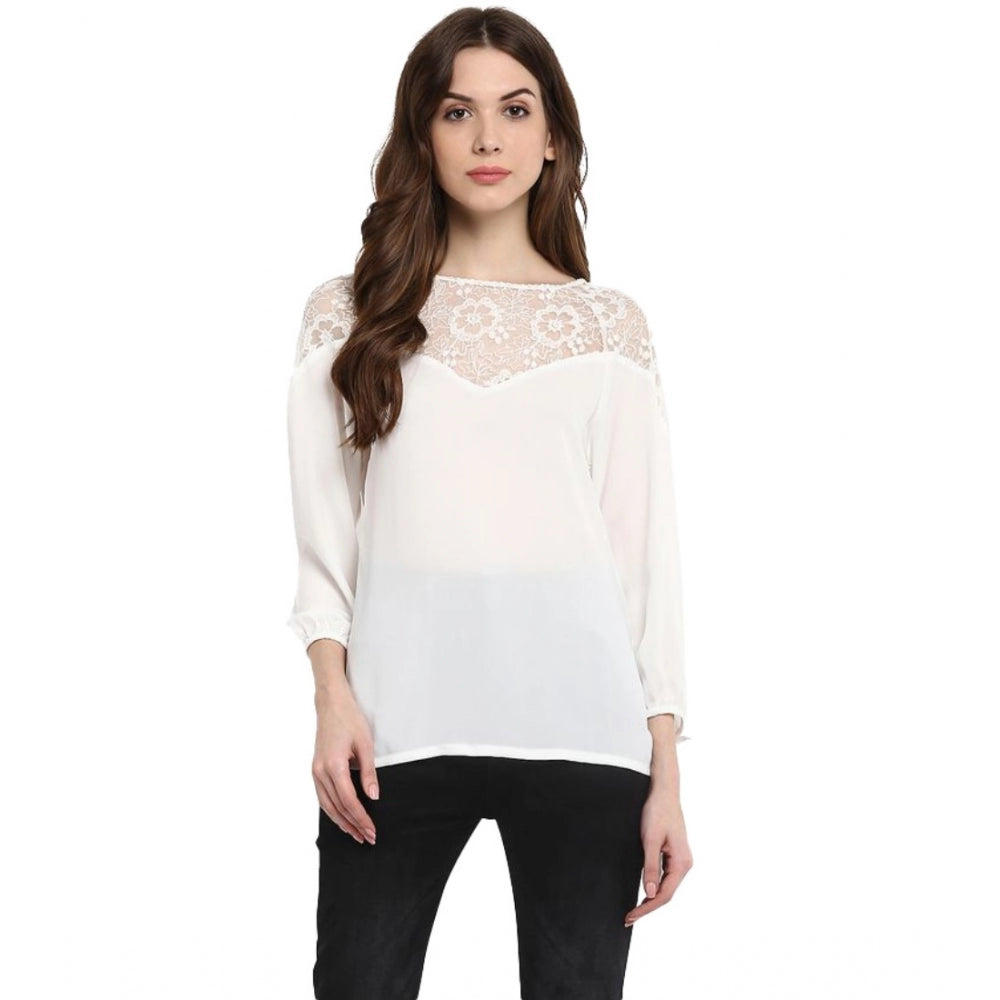 Vaystra Polyester Georgette Self Design 3-4th Sleeves Regular Top – White