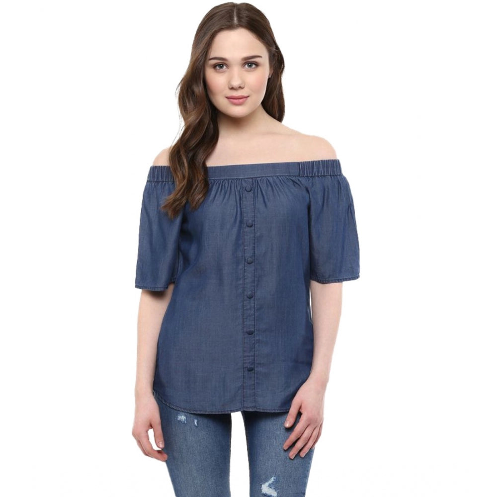 Vaystra Denim Solid Short Sleeve Regular Top – Blue