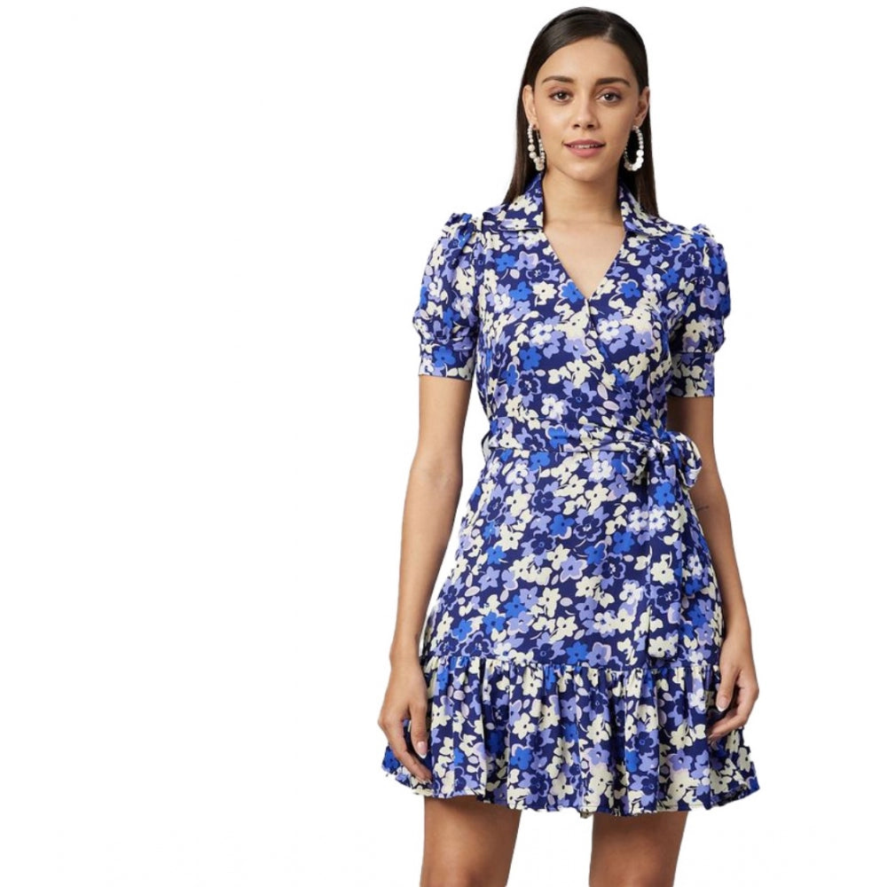 Vaystra Polyester Floral Short Sleeve Above Knee Dress – Blue & Purple