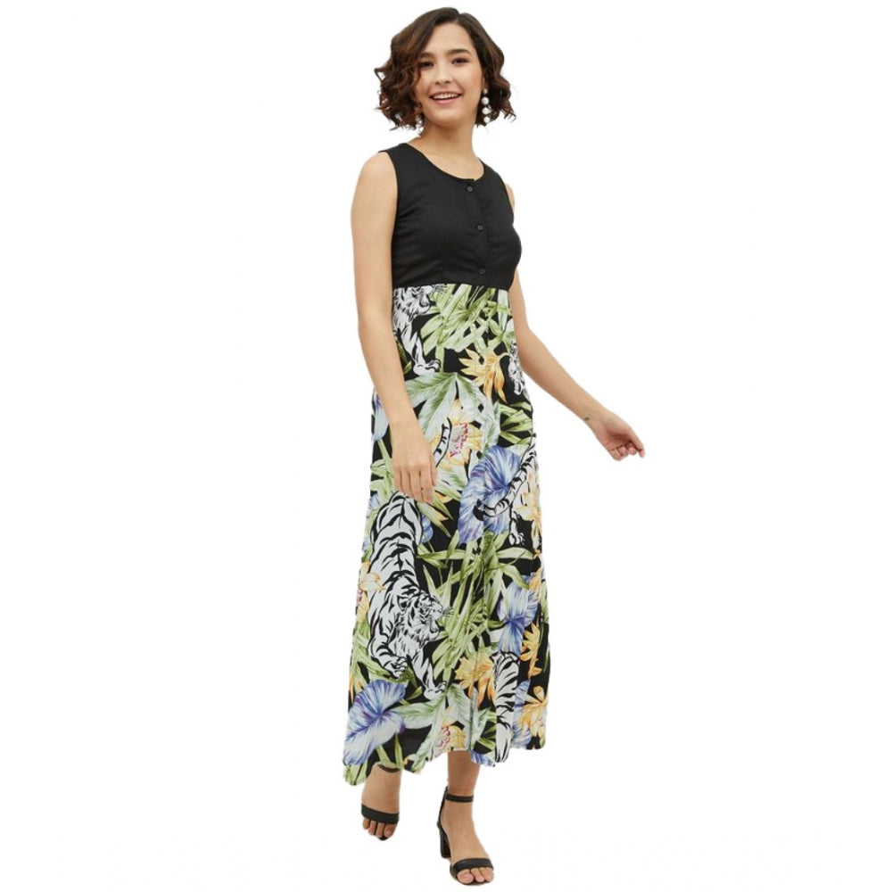 Vaystra Rayon Floral Sleeveless Calf-length Dress – Multicolor
