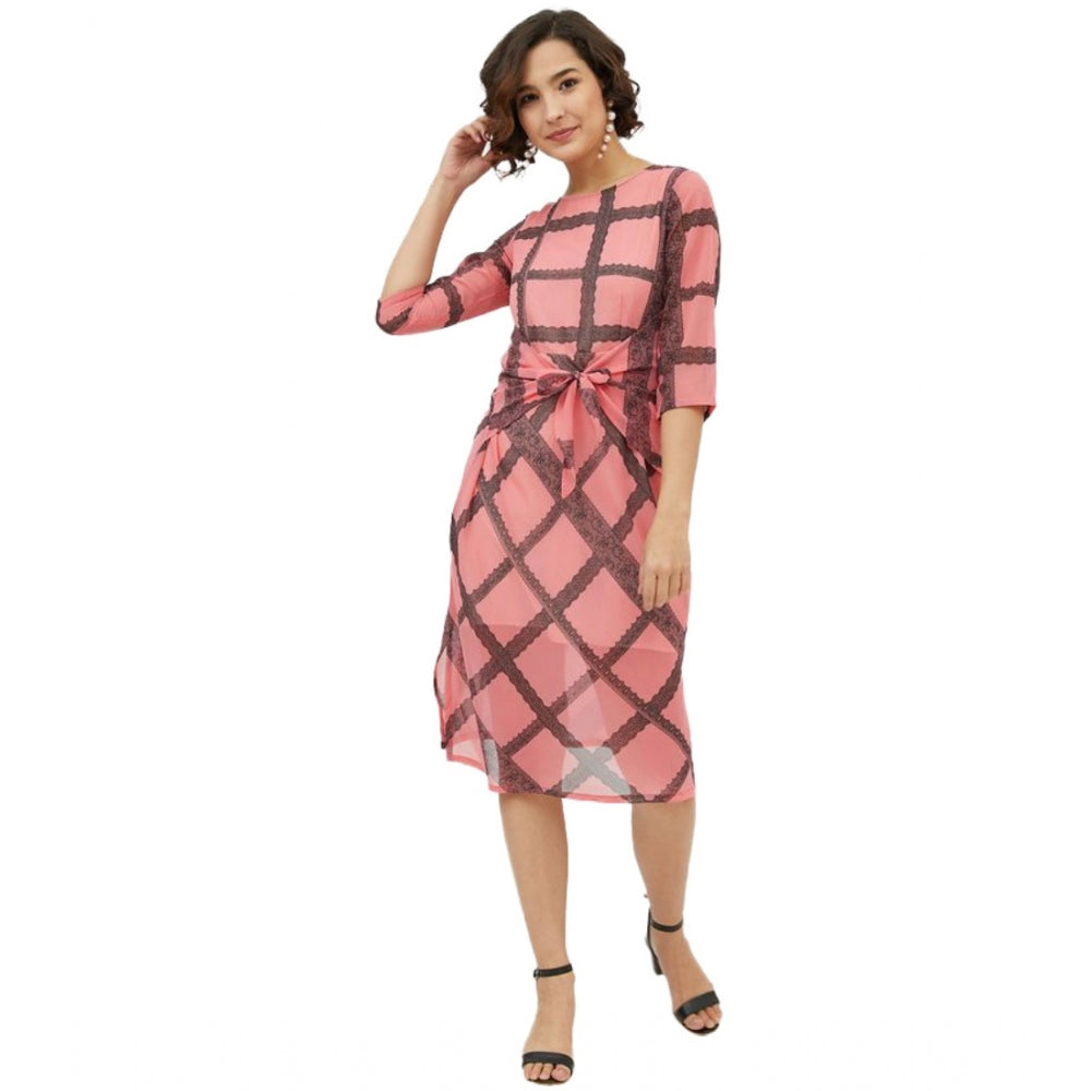 Vaystra Polyester Checkered 3-4th Sleeves Below Knee Dress – Pink