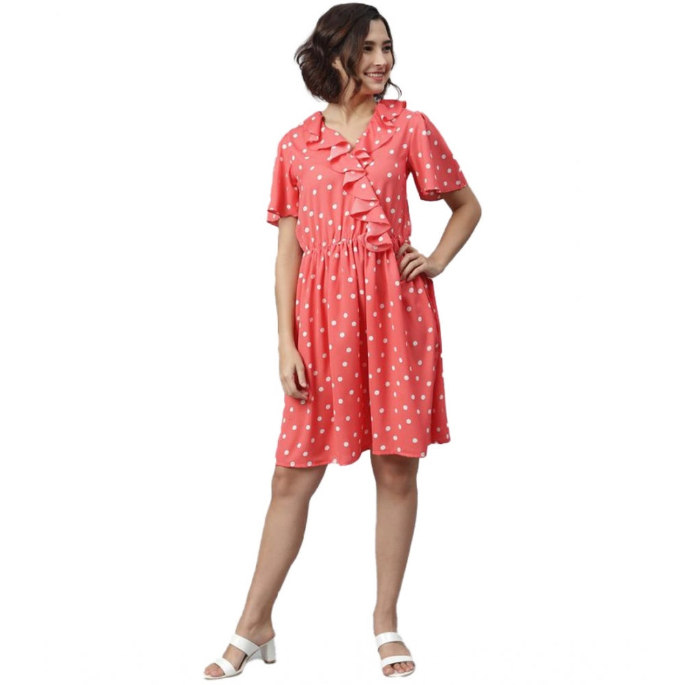 Vaystra Polyester Polka Flutter Above Knee Dress – Coral