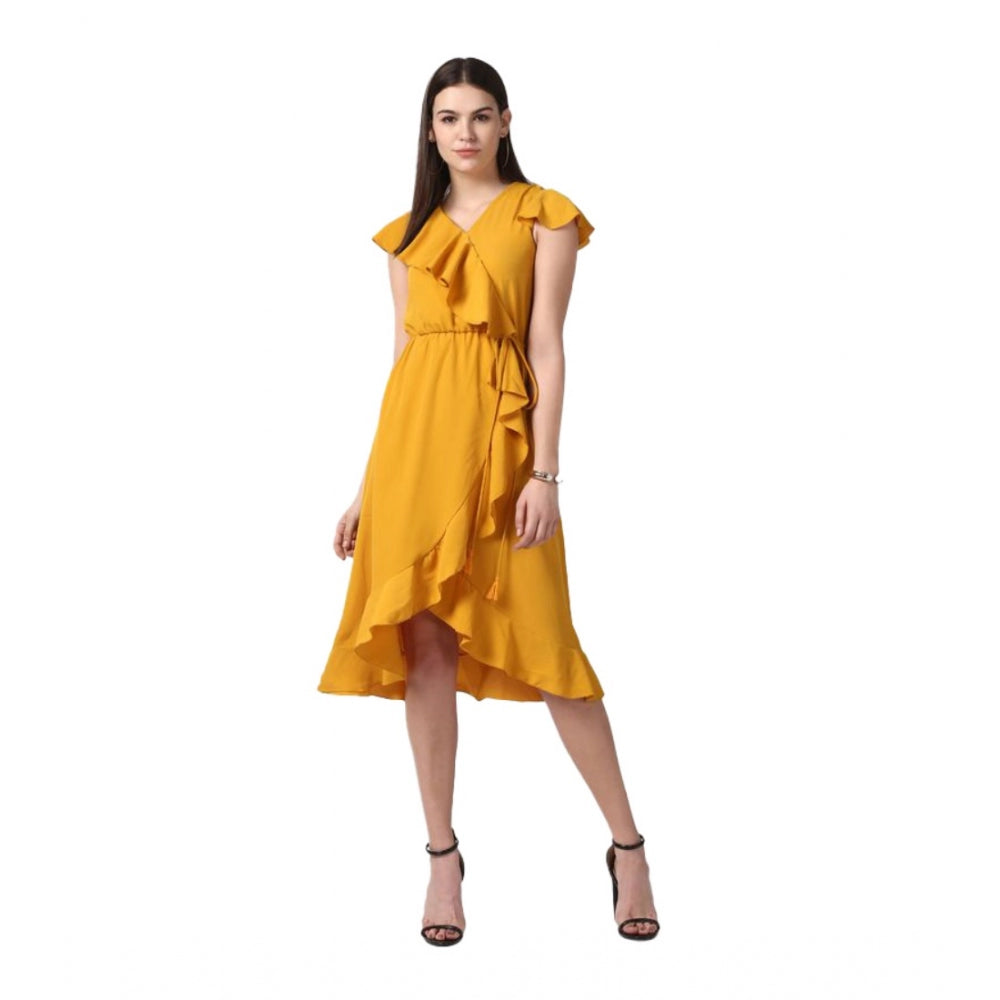 Vaystra Polyester Ruffled Cap Sleeve Knee-Length Dress – Yellow