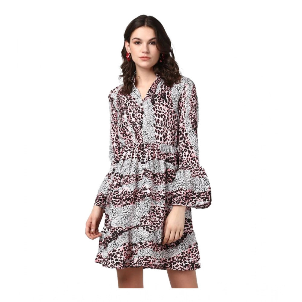 Vaystra Polyester Animal Print Bell Sleeve Above Knee Dress – Pink & Black