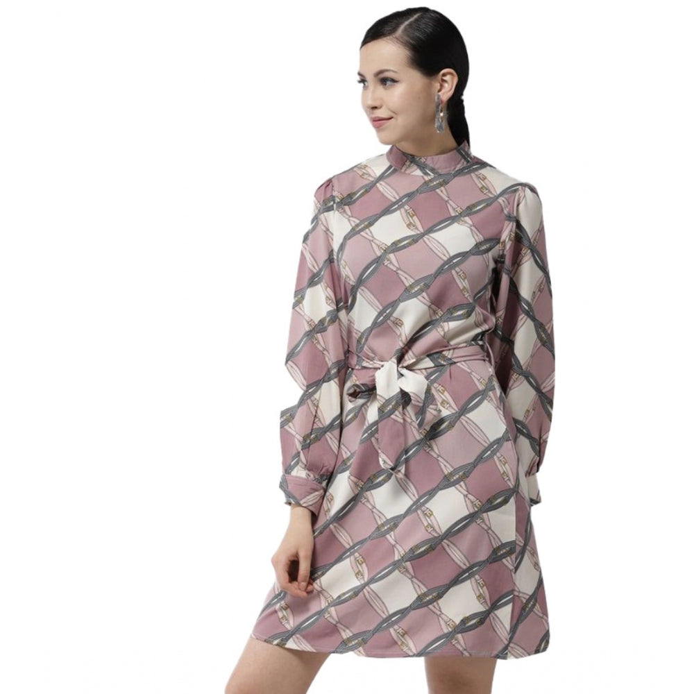 Vaystra Polyester Checkered Long Sleeves Above Knee Dress – Off White & Lavender