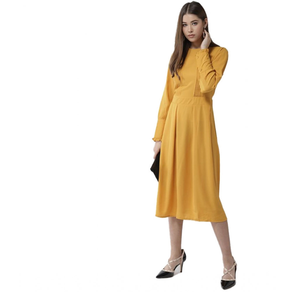 Vaystra Polyester Pintuck Long Sleeves Below Knee Dress – Yellow