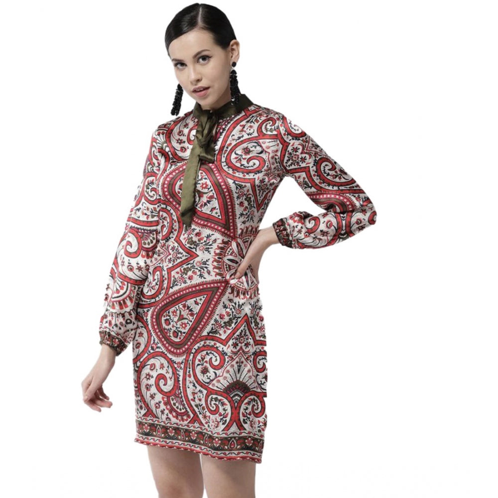 Vaystra Polyester Printed Long Sleeves Above Knee Dress – Red