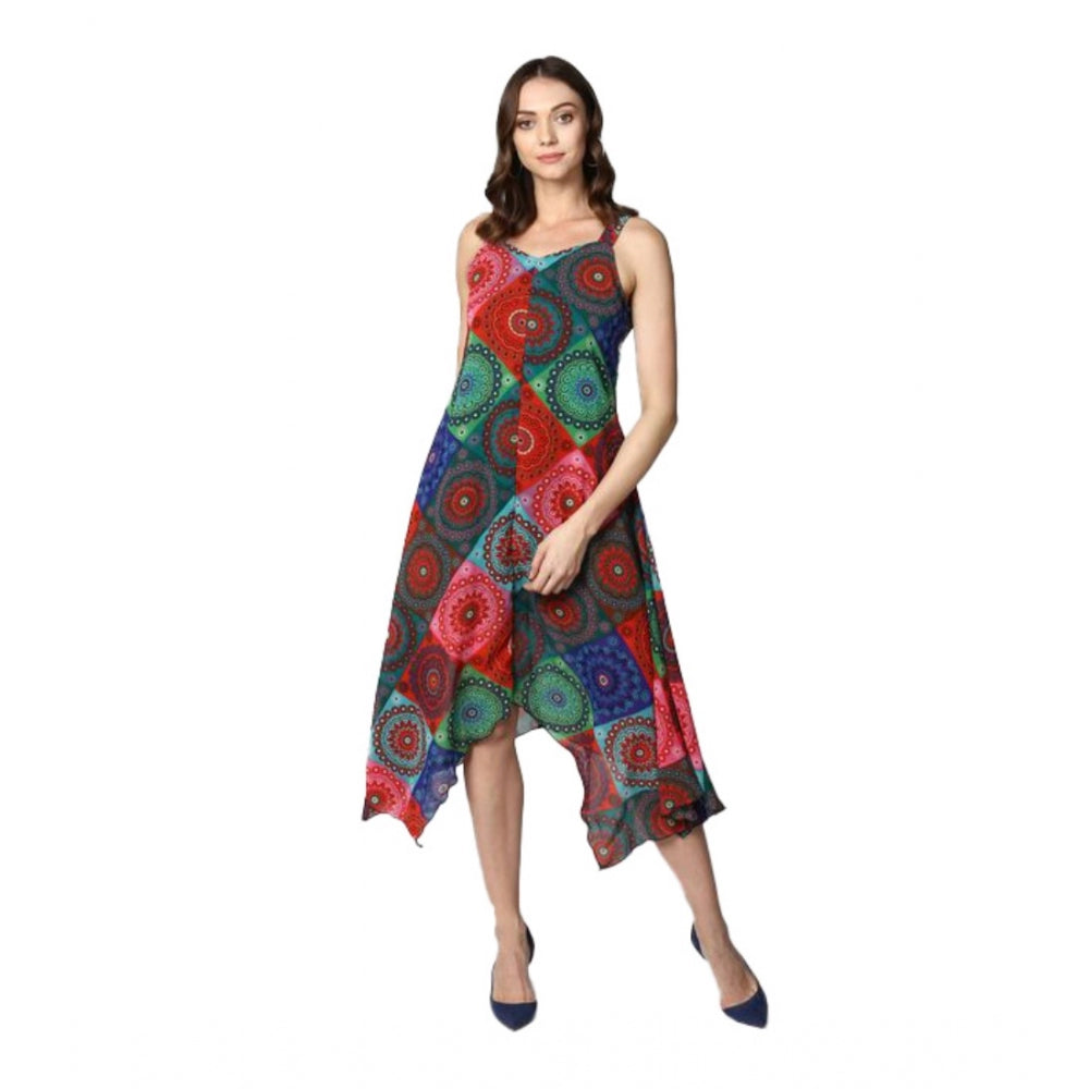Vaystra Polyester Asymmetrical Shoulder Straps Knee-Length Dress – Multicolor