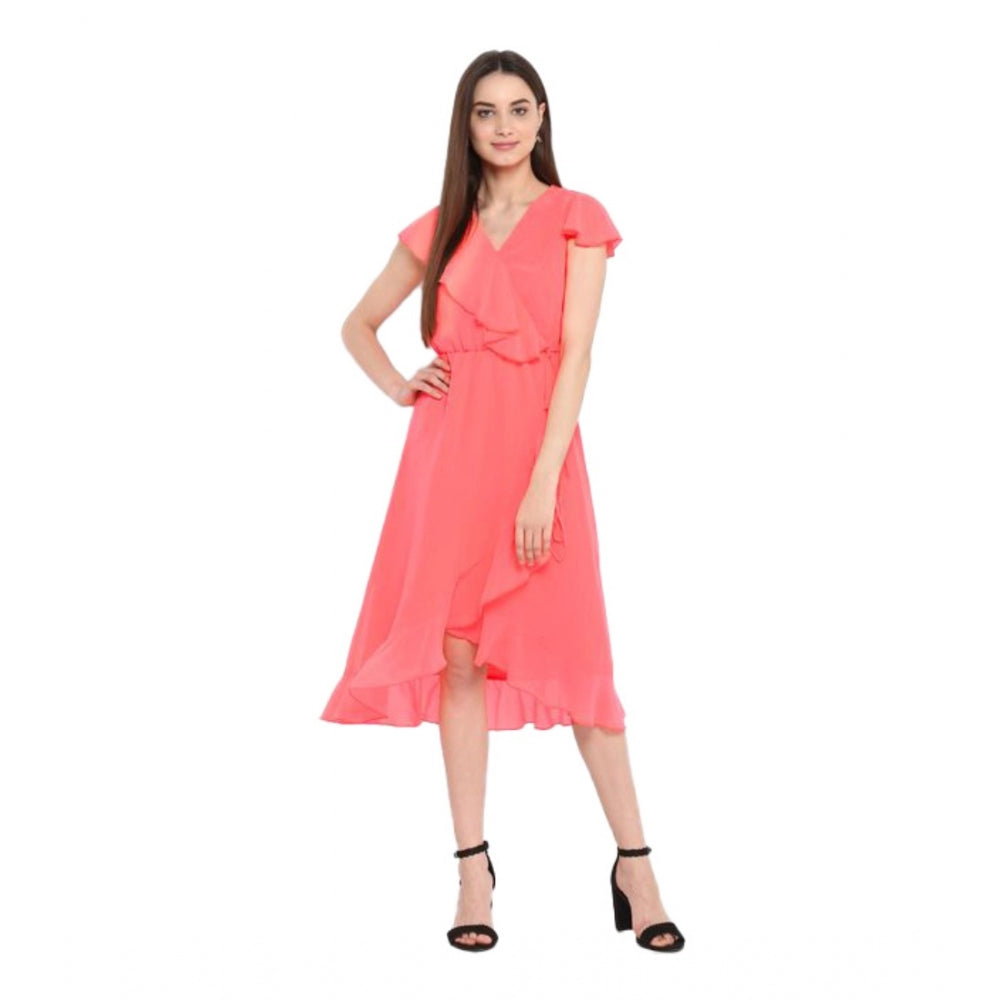 Vaystra Polyester Ruffled Cap Sleeve Below Knee Dress – Coral Pink