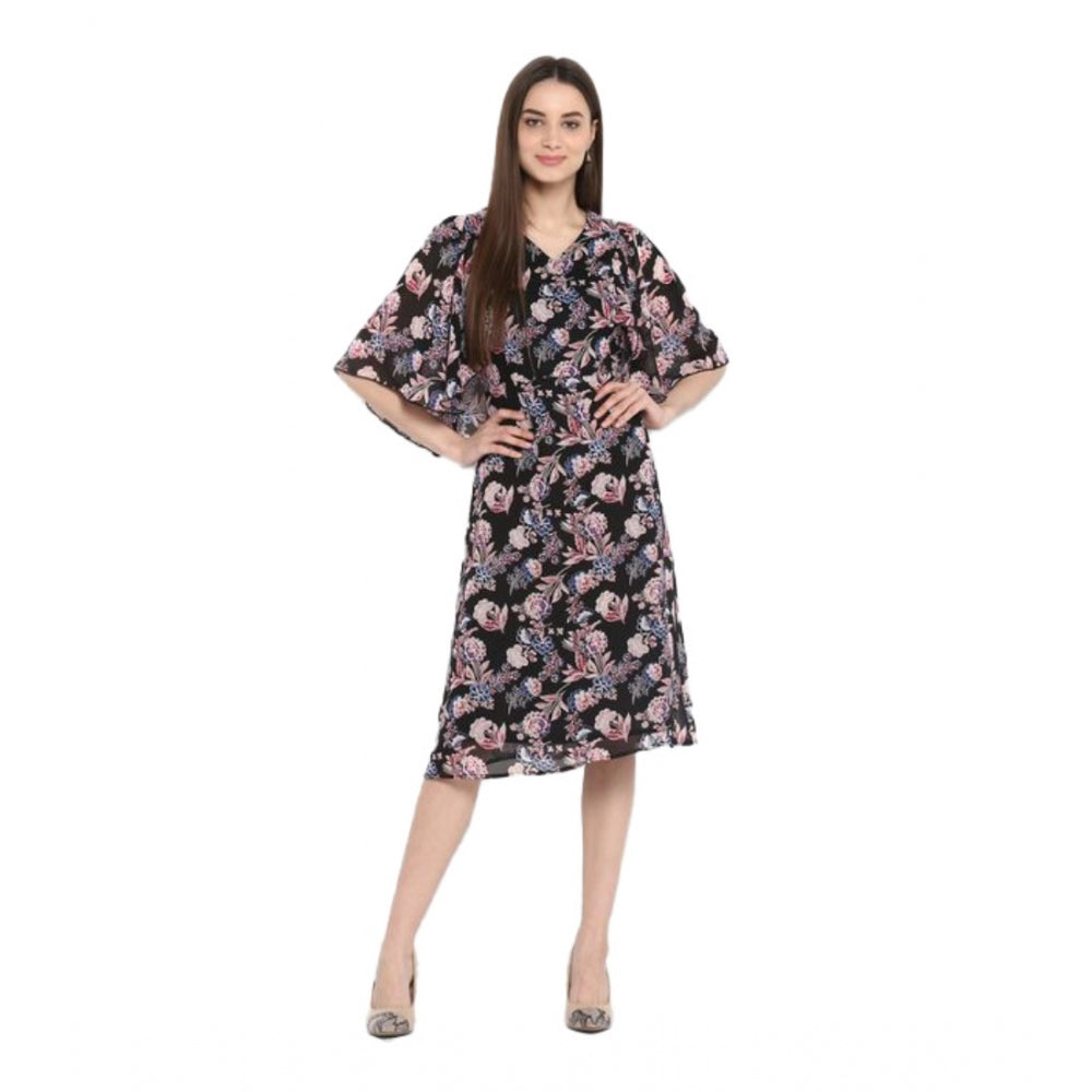 Vaystra Polyester Floral Short Sleeve Knee-Length Dress – Black & Multicolor