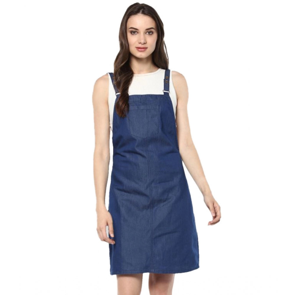 Vaystra Denim Solid Shoulder Straps Above Knee Dress – Blue