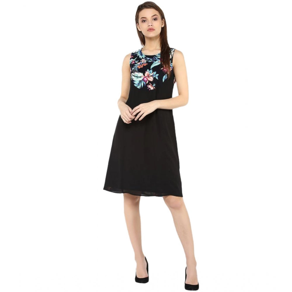 Vaystra Polyester Printed Sleeveless Above Knee Dress – Black & Multicolor