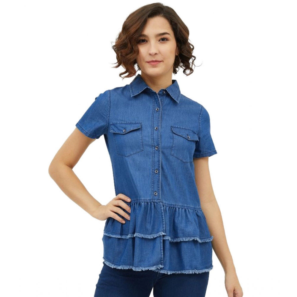 Vaystra Denim Peplum Short Sleeve Top – Blue