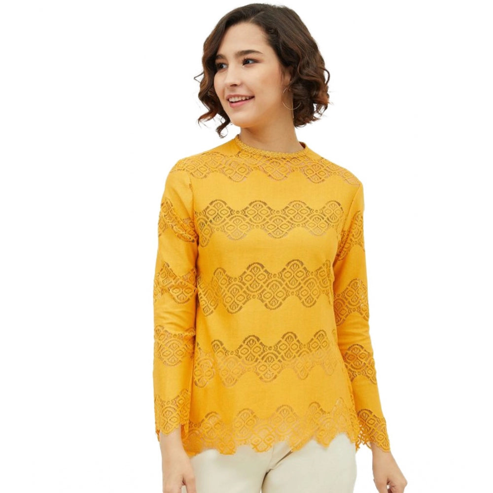 Vaystra Cotton Lace Inserts Long Sleeves Top – Yellow