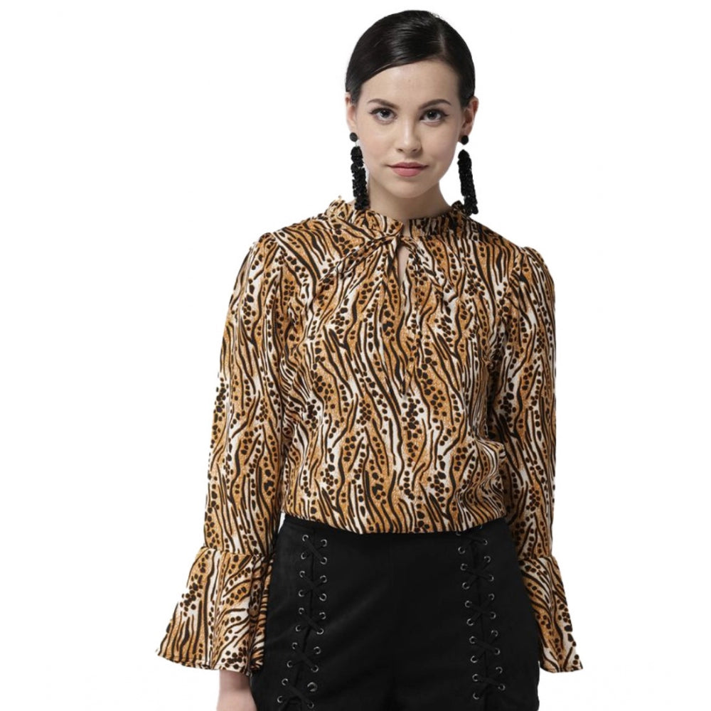 Vaystra Polyester Printed Bell Sleeve Top – Orange & Black