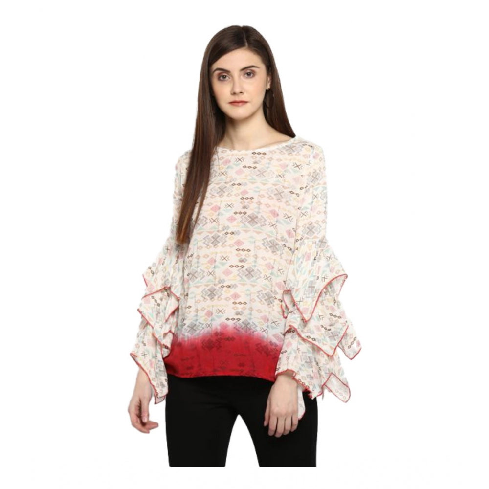 Vaystra Rayon Crepe Printed Ruffle Sleeve Top – Off White & Red