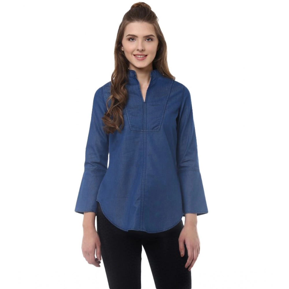 Vaystra Denim Solid Bell Sleeve Regular Top – Blue Denim