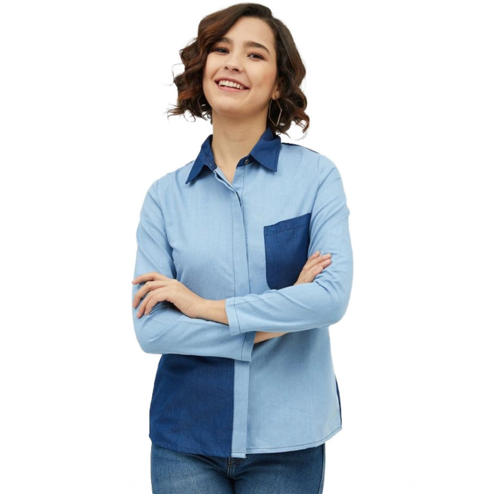 Vaystra Denim Patch Work Long Sleeves Standard Length Shirt – Blue
