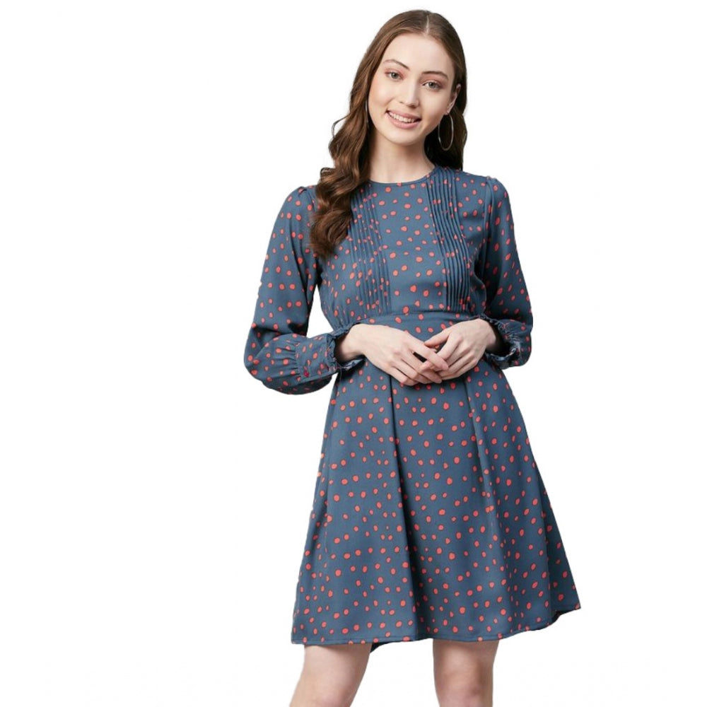 Vaystra Polyester Polka Long Sleeves Above Knee Dress – Grey & Coral