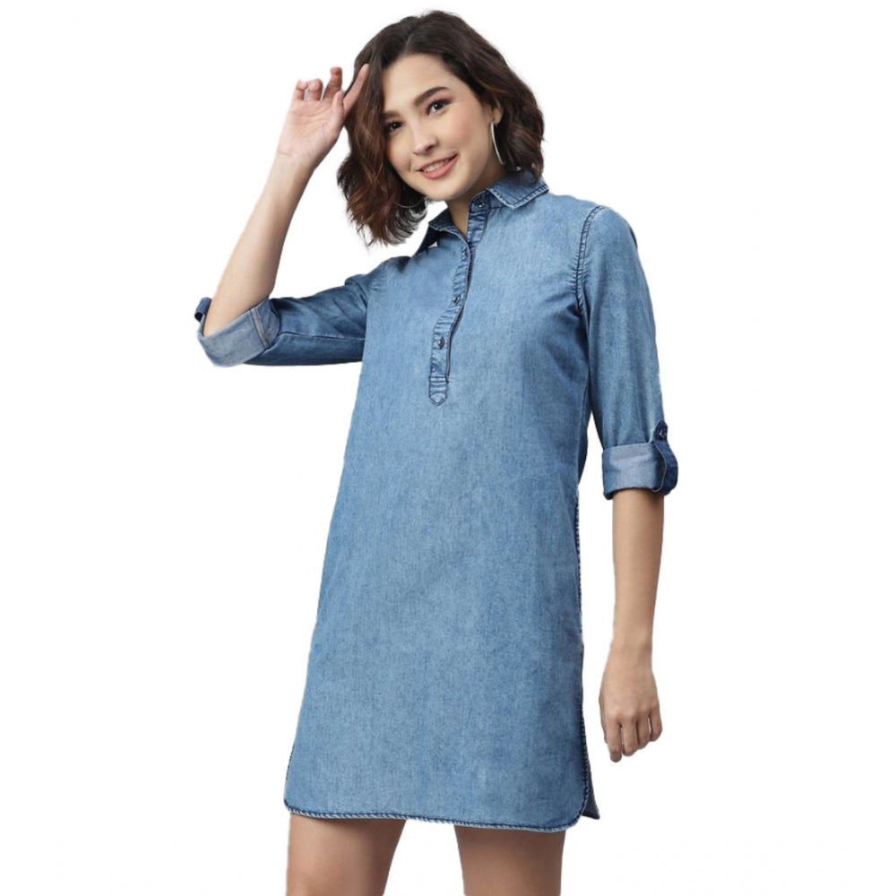 Vaystra Denim Solid Long Sleeves Above Knee Dress – Ice Blue