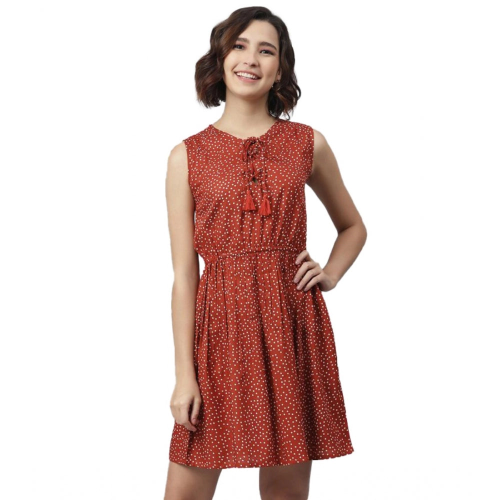 Vaystra Rayon Polka Sleeveless Above Knee Dress – Rust