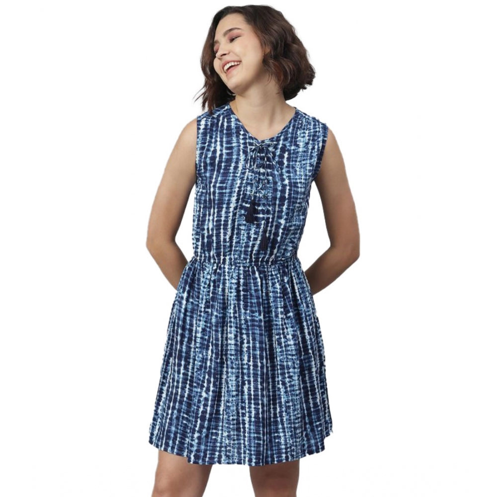 Vaystra Rayon Tie &amp; Dye Sleeveless Above Knee Dress – Blue