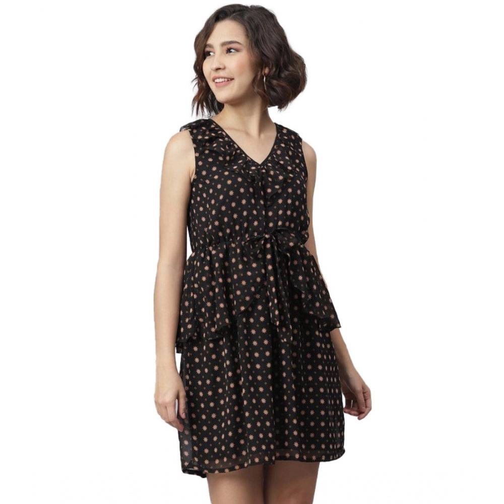 Vaystra Polyester Peplum Sleeveless Above Knee Dress – Black