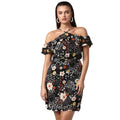 Vaystra Polyester Floral Cold Shoulder Above Knee Dress – Black