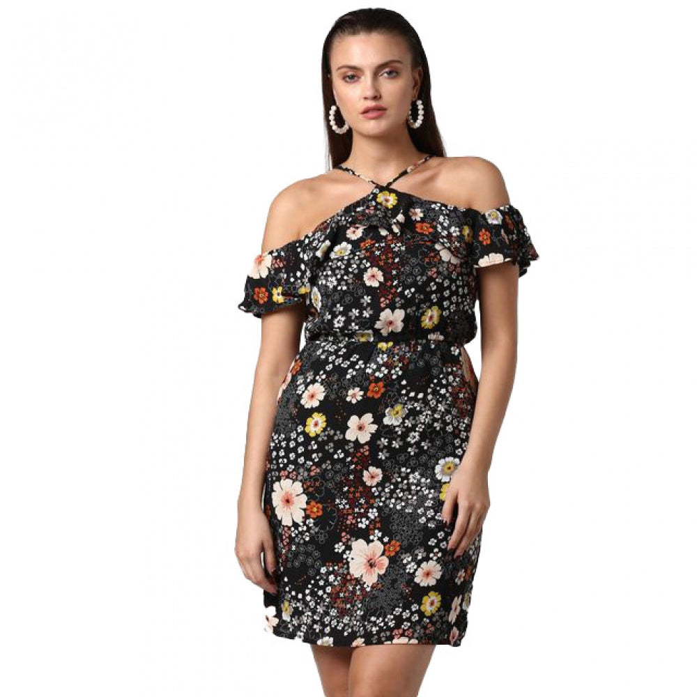 Vaystra Polyester Floral Cold Shoulder Above Knee Dress – Black