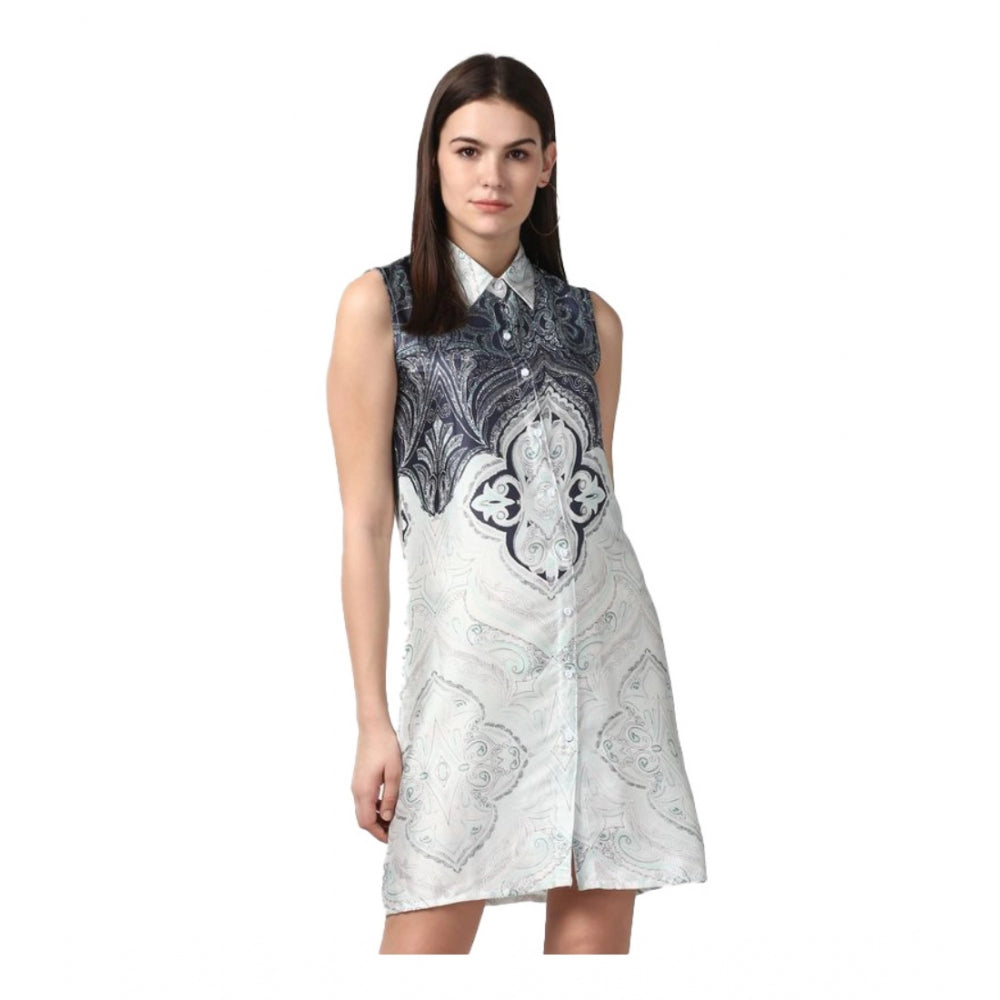 Vaystra Polyester Printed Sleeveless Above Knee Dress – Blue