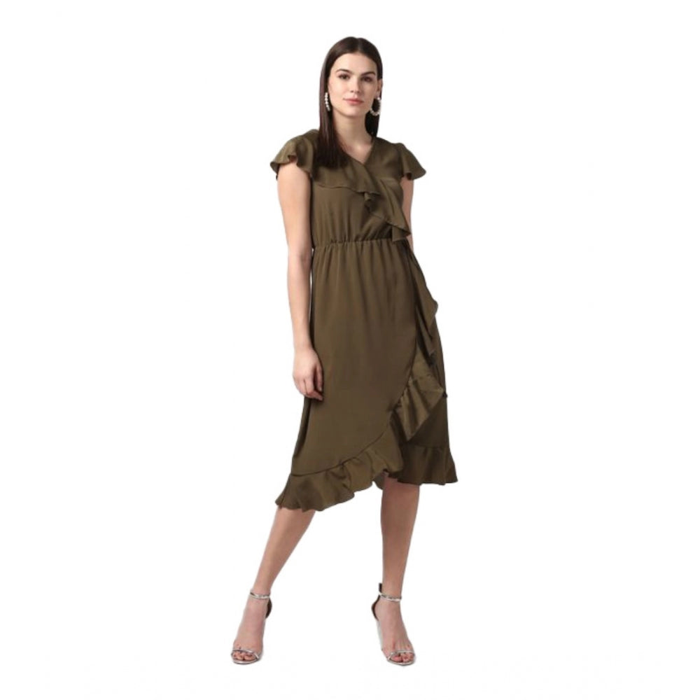 Vaystra Polyester Ruffled Cap Sleeve Knee-Length Dress – Olive