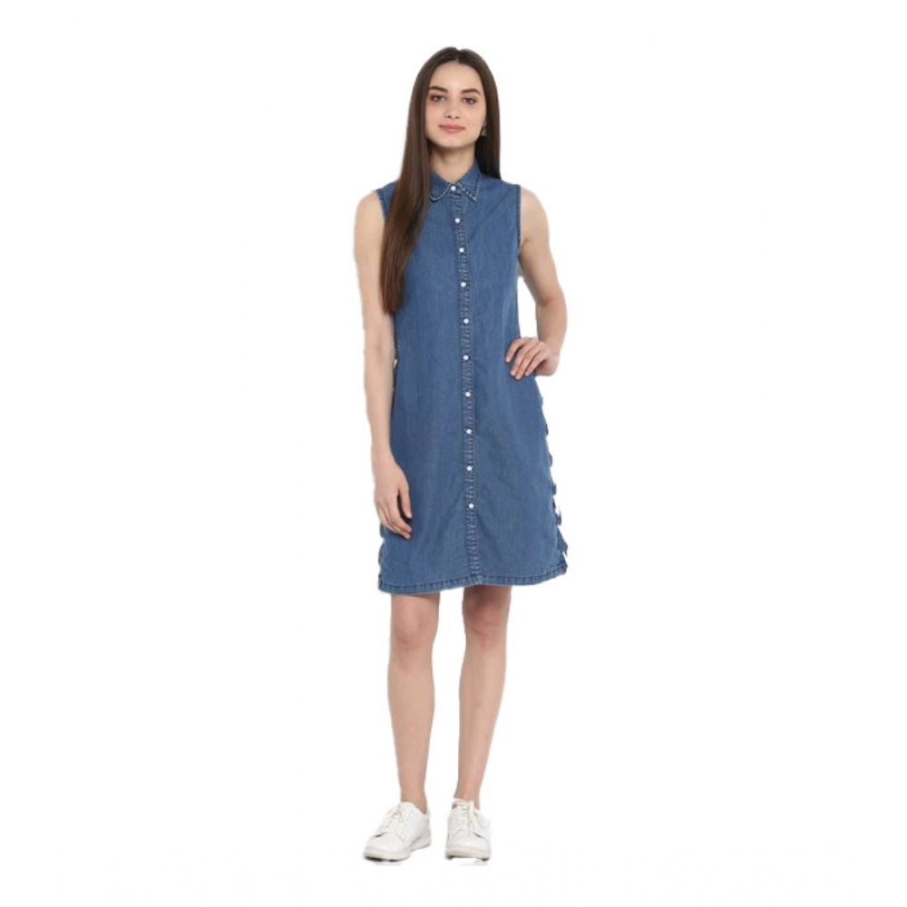 Vaystra Denim Solid Sleeveless Above Knee Dress – Blue