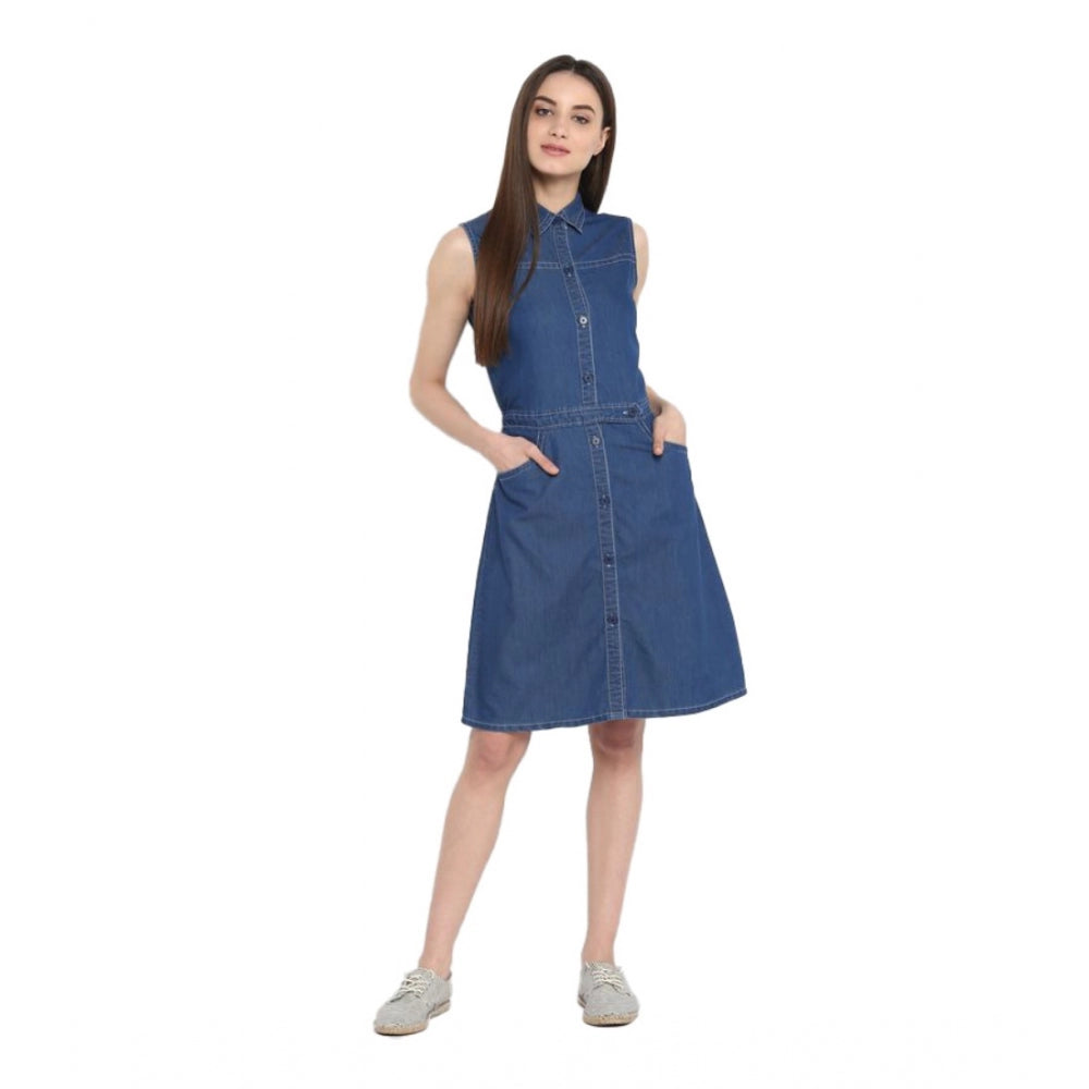 Vaystra Denim Solid Sleeveless Above Knee Dress – Blue