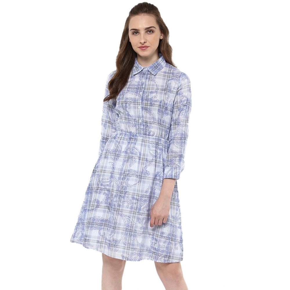 Vaystra Cotton Checkered Roll Up Sleeve Above Knee Dress – Blue