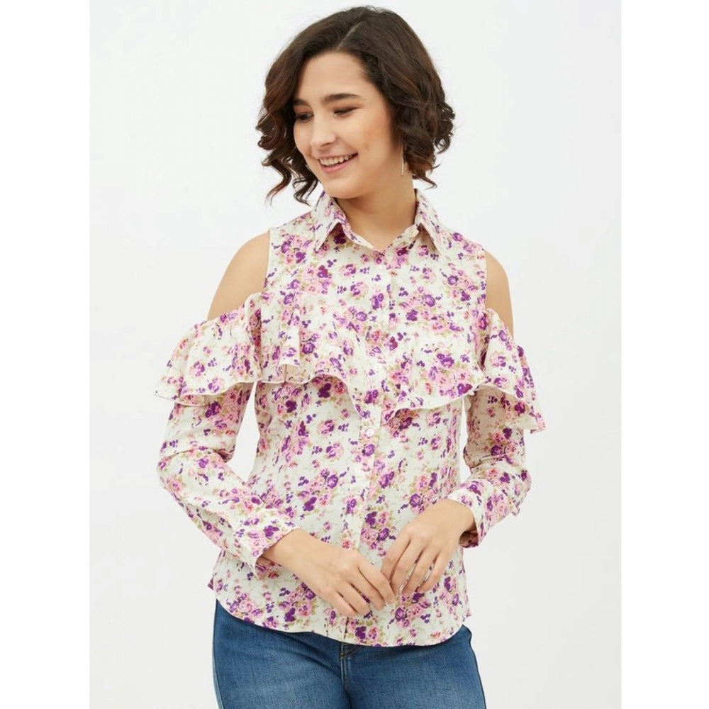 Vaystra Polyester Floral Cold Shoulder Standard Length Shirt – White