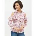 Vaystra Polyester Floral Cold Shoulder Standard Length Shirt – White