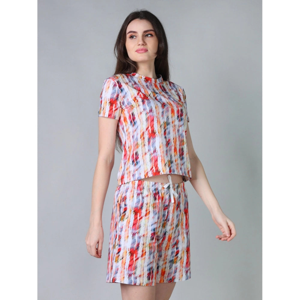 Vaystra Cotton Blended Printed Round Neck Half Sleeve Top - Shorts Set – Red