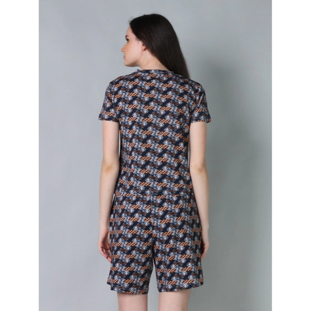 Vaystra Cotton Blended Printed Round Neck Half Sleeve Top - Shorts Set – Blue-Brown