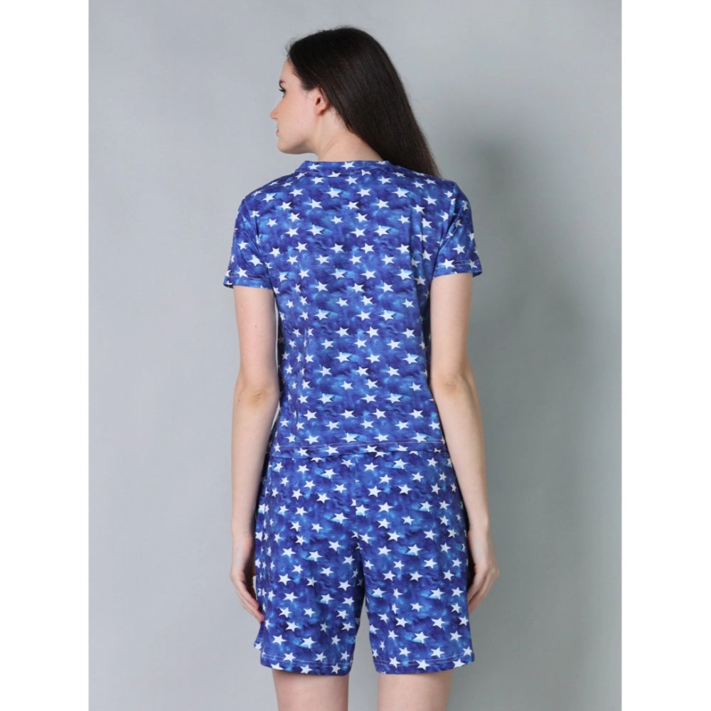 Vaystra Cotton Blended Printed Round Neck Half Sleeve Top - Shorts Set – Blue