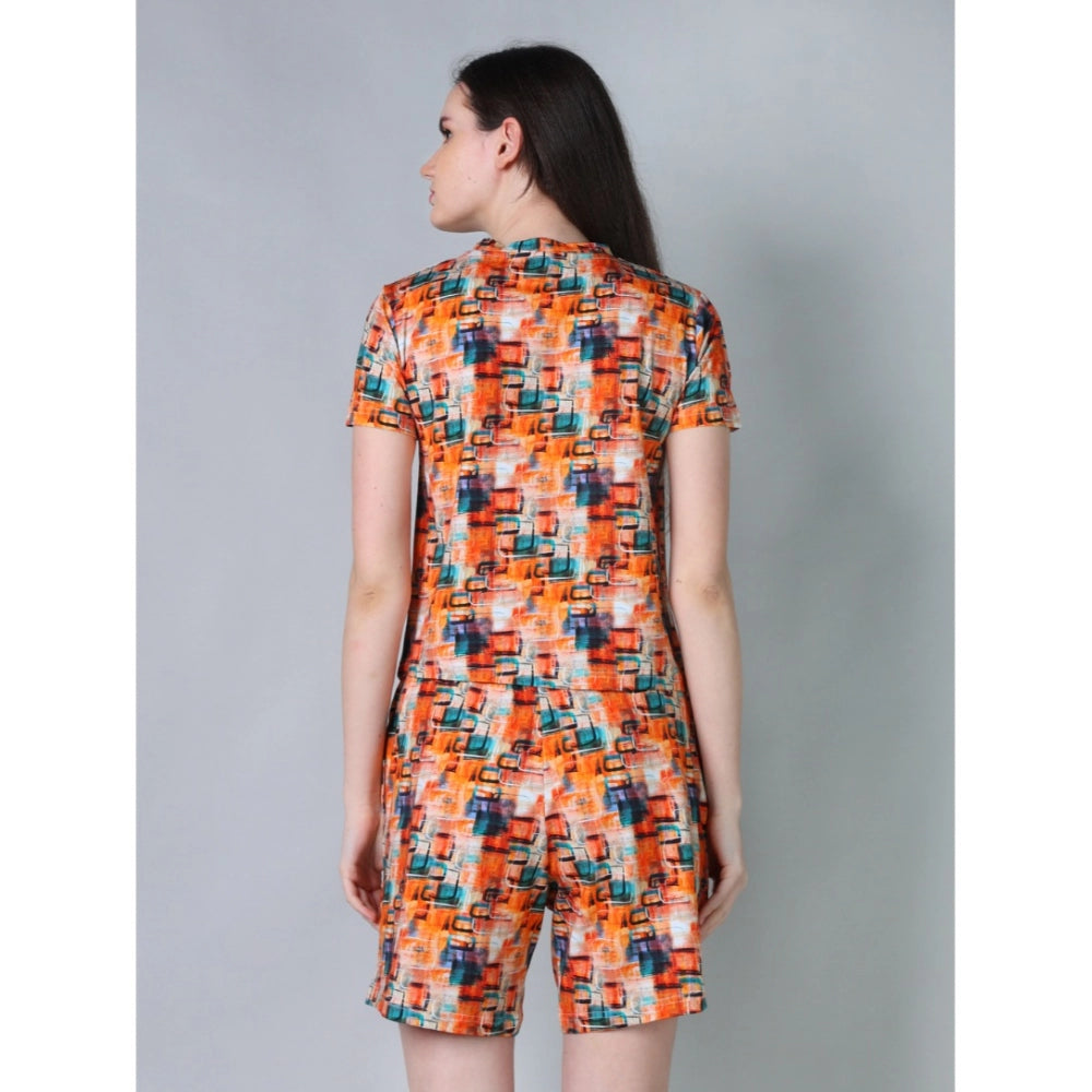 Vaystra Cotton Blended Printed Round Neck Half Sleeve Top - Shorts Set – Orange