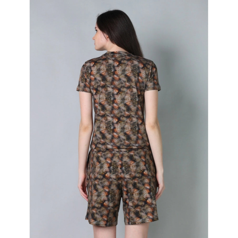 Vaystra Cotton Blended Printed Round Neck Half Sleeve Top - Shorts Set – Brown