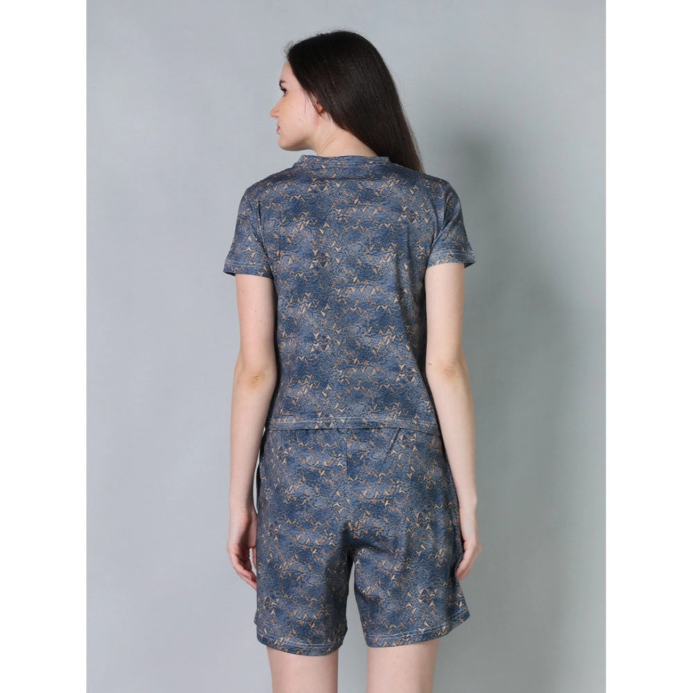 Vaystra Cotton Blended Printed Round Neck Half Sleeve Top - Shorts Set – Blue