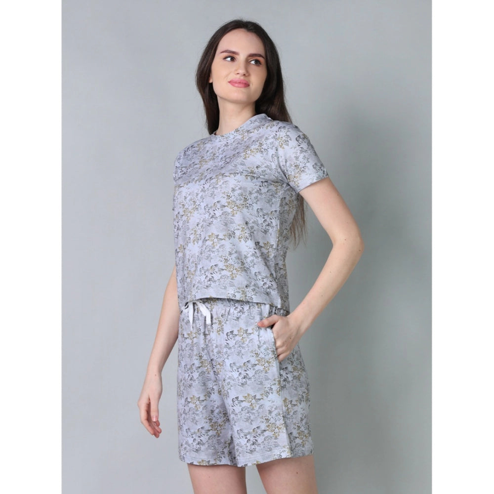 Vaystra Cotton Blended Printed Round Neck Half Sleeve Top - Shorts Set – Grey