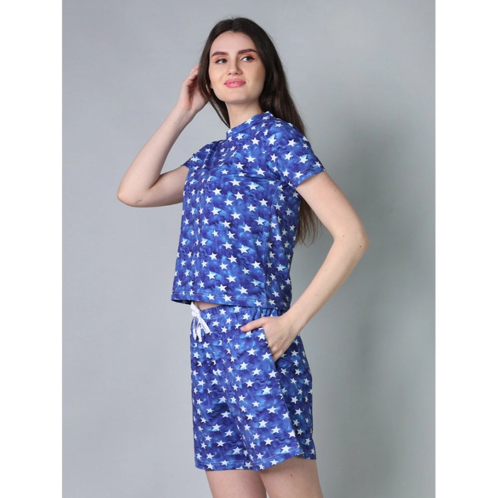 Vaystra Cotton Blended Printed Round Neck Half Sleeve Top - Shorts Set – Blue