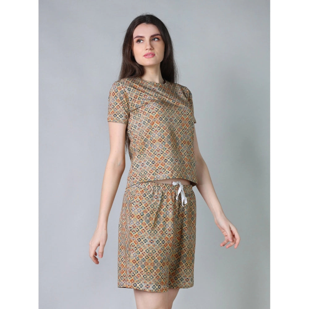 Vaystra Cotton Blended Printed Round Neck Half Sleeve Top - Shorts Set – Beige